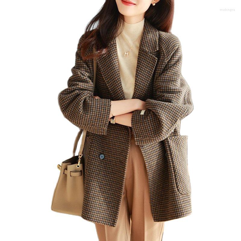 

Women's Wool 2023 Autumn Women Plaid Coat Casual Mid-length Jacket Fashion Outerwear Warm Female Woolen Coats, Coffee color