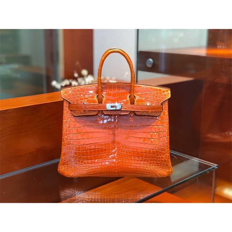 

designer women handbag birkin Silver buckle bags Old craftsman's handmade crocodile leather handbag with wax thread 25 30cm, Sky blue