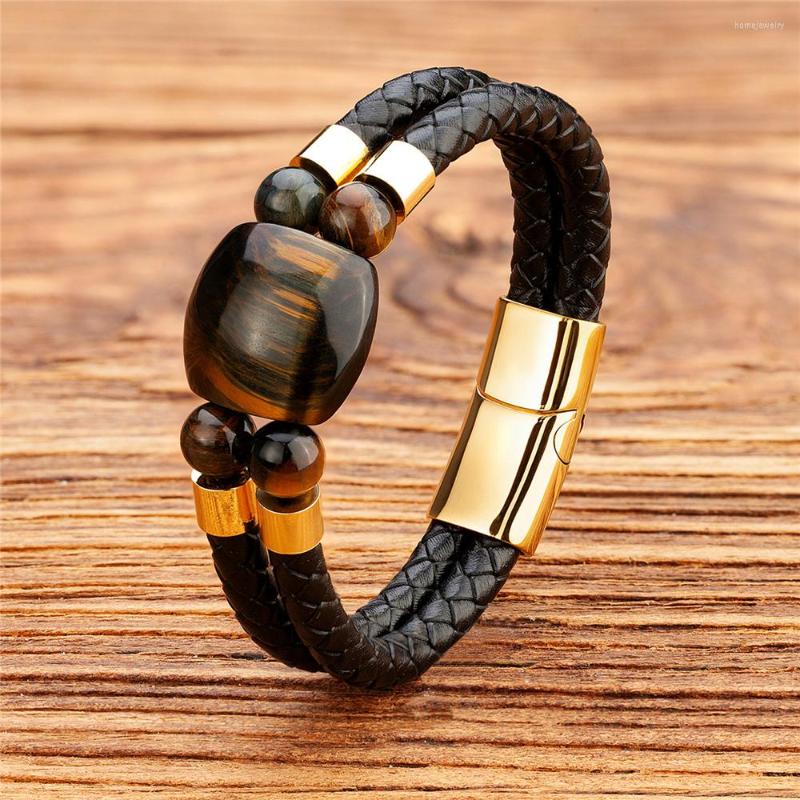 

Strand Fashion Natural Tiger Eye Bead Bracelet Men Unique Multilayer Leather Charm Women Handmade Jewelry Father's Day Gift