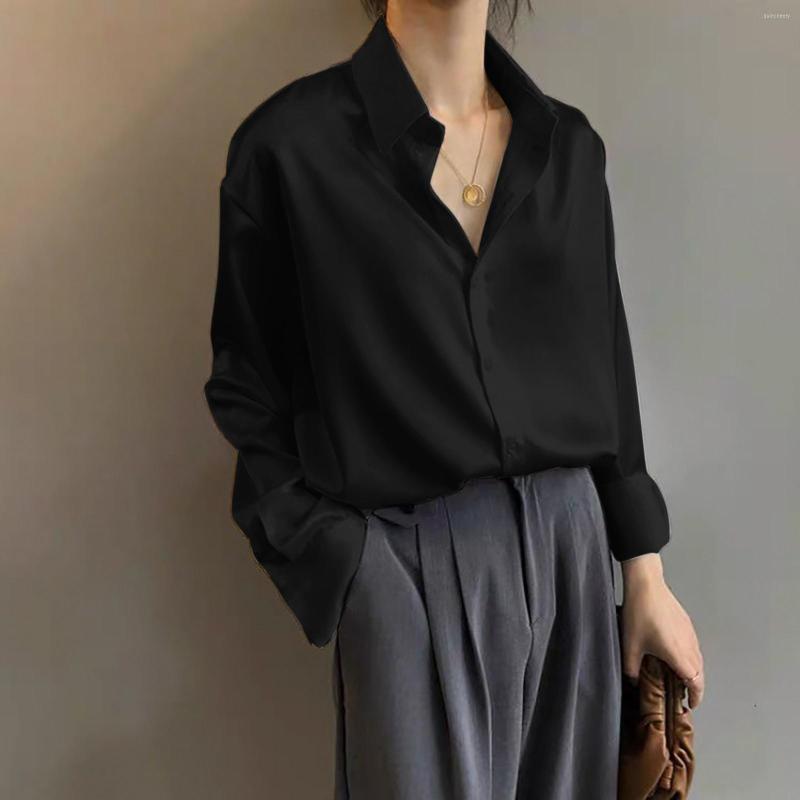

Women's Blouses Fashion Button Up Satin Silk Shirt Vintage Blouse Women White Black Lady Long Sleeves Female Loose Office Street Shirts, Beige