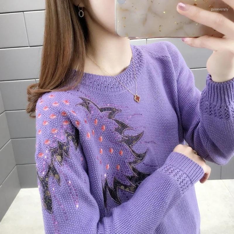 

Women' Sweaters Spring Sweater Women Pullover Embroidered Knitted Basic Tops Autumn Loose Purple Outerwear Long Sleeve Coats Female, Black