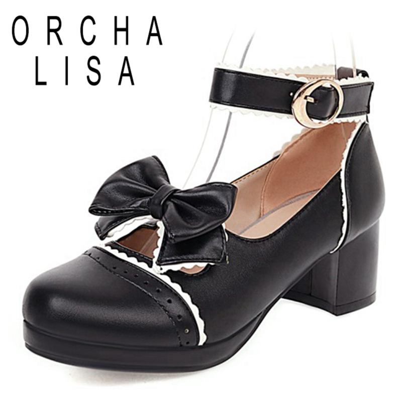 

Dress Shoes ORCHALISA 2023 Women Pumps Round Toe 5cm Block Heesl Faux Pig Leather Bowtie Buckle Sweet Lolita Vintage Party Casual C2303, Pink