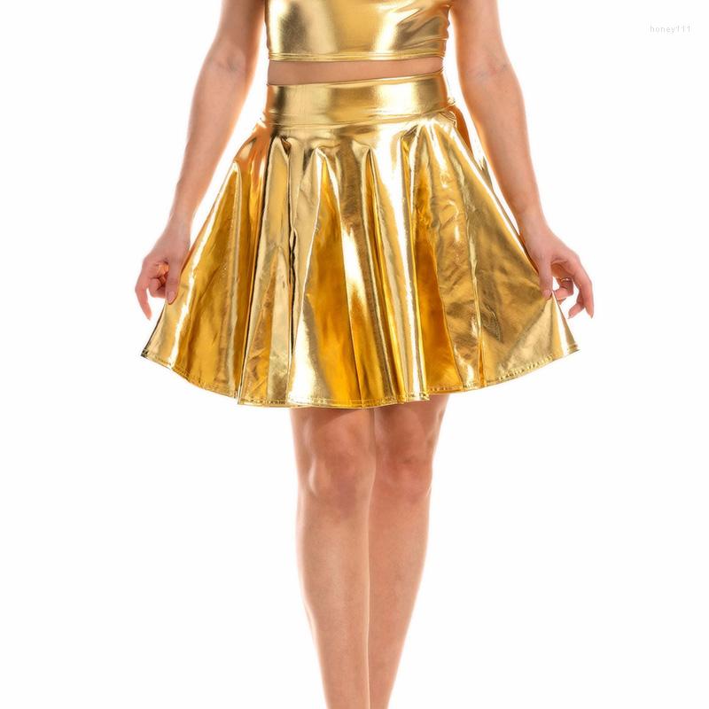 

Skirts Mini Summer Pleated Women Shiny High Waist Ladies Polyester Gold A-line Silver, Green