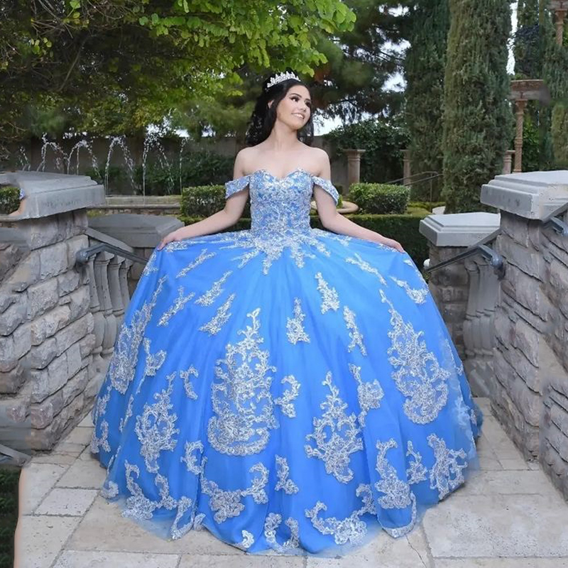 

Sky Blue Off-Shoulder Ball Gown Quinceanera Dresses For 15 Party Lace With Cpae Tulle Court Train Formal Birthday Princess Gowns, Same as picture