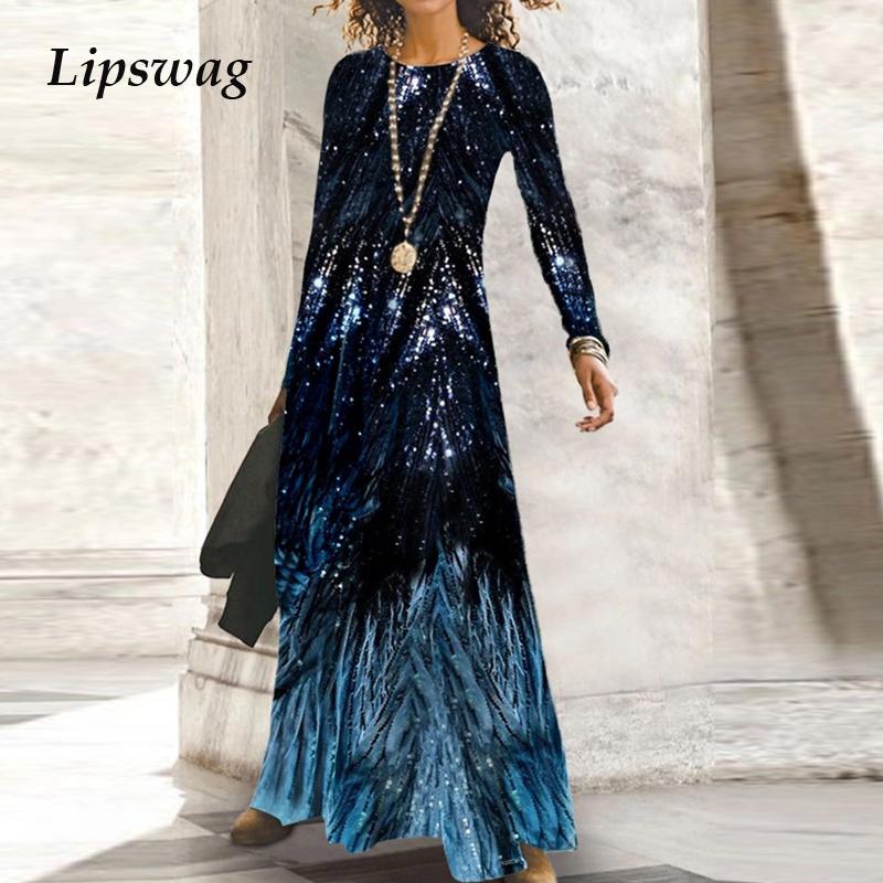 

Casual Dresses Vintage Shiny Long Party Dress Women Fashion Round Neck Sleeve Maxi 2023 Spring Autumn Slim Office Lady Boho, 02 gradient blue