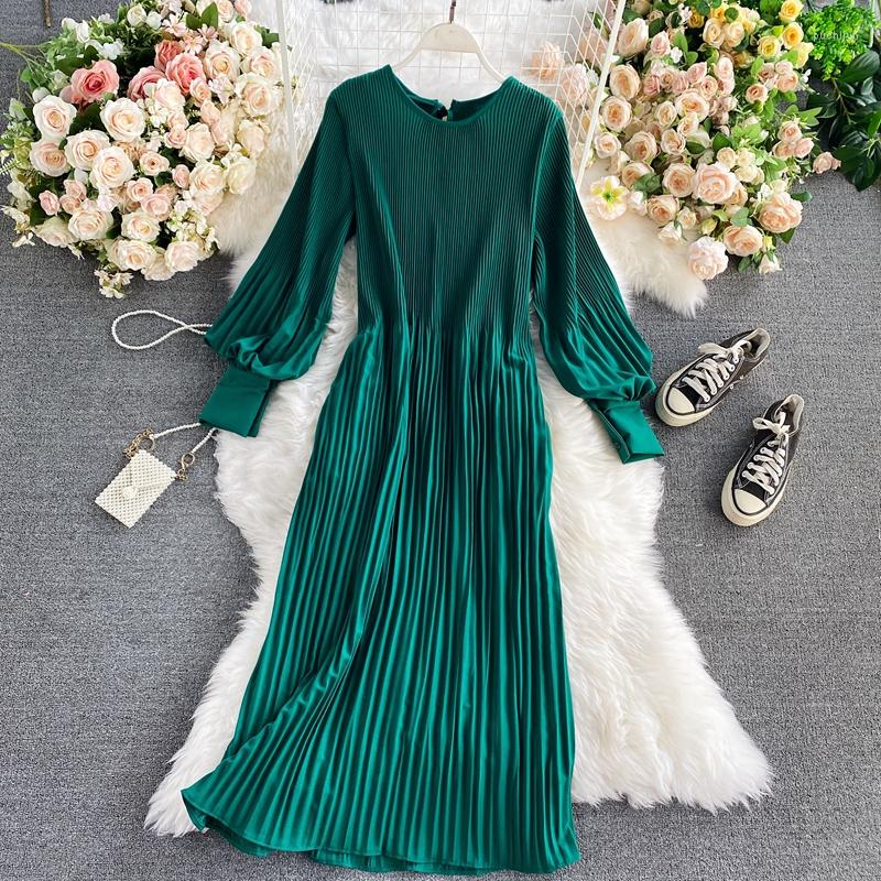 

Casual Dresses Women Chiffon Dress Elegant Pleated Drees Medium Length Long Sleeves O-neck Lantern Sleeve A-line Solid High Waist, Black