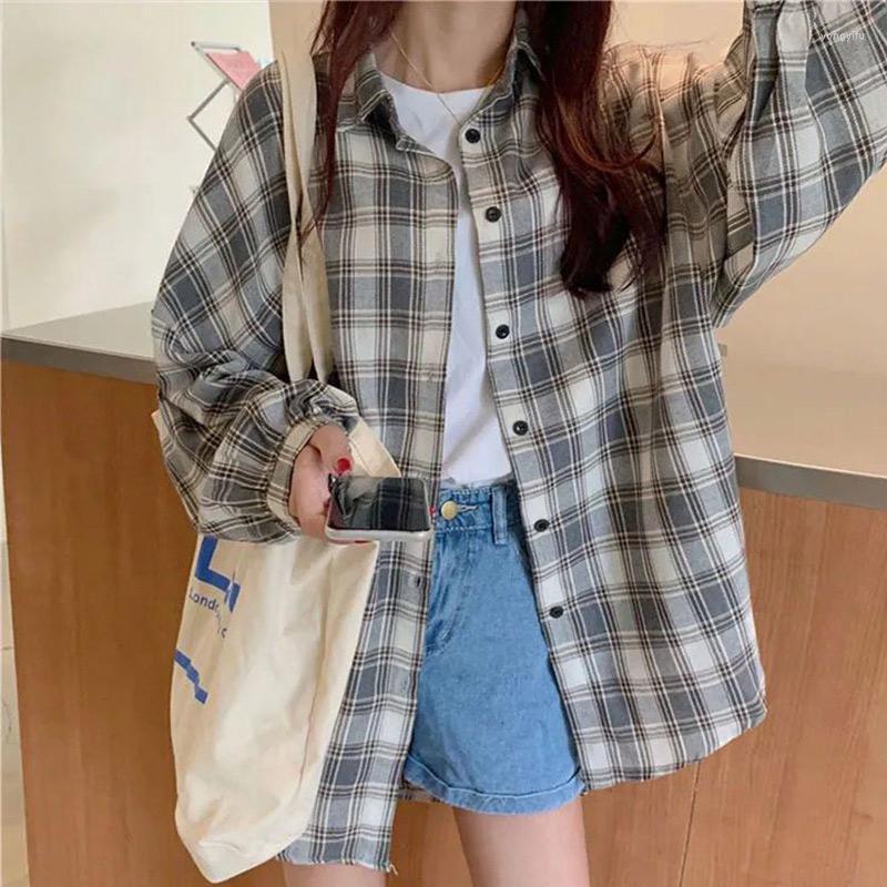

Women' Blouses Autumn Plaid Cardigan Oversize Top Shirts Women Long Bat Sleeves Vintage Button Up Female 2023 Summer Girls Korean Shirt, Gray