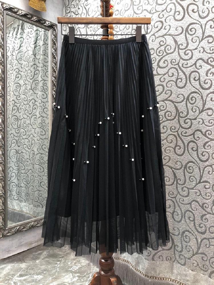

Skirts High Quality Long 2023 Spring Style Women Elastic Waist Pearl Beading Deco Casual Black Maxi Pleated Skirt Lady, Picture shown