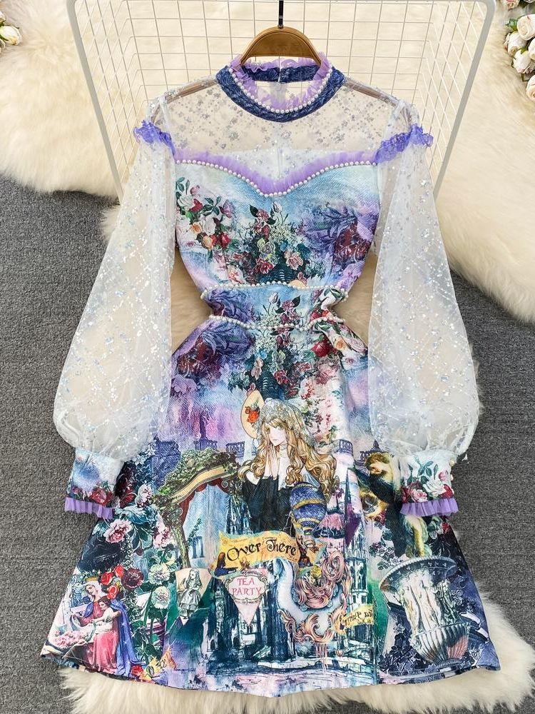 

Casual Dresses Merchall See Through Long Lantern Sleeve Sequins Mesh Patchwork Dress Women's Stand Collar Floral Print Beading Jacquard, Mixed color