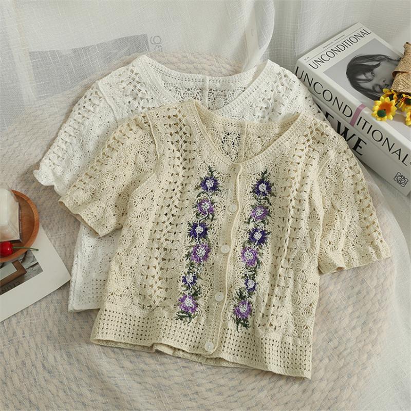 

Women's Blouses & Shirts Vintage Hollow Out Thin Crochet Tops Summer Short Sleeve Shirt Women Boho Clothing Floral Embroidery Blusa Mujer De, White