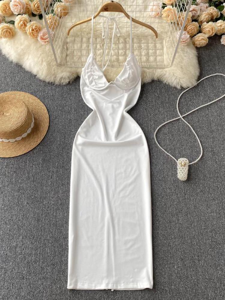 

Casual Dresses Summer Beach Bodycon White Dress For Women Halter Low Cut Slim Lace Up Hip Split Vestido Sexy Off Shoulder Midi Black