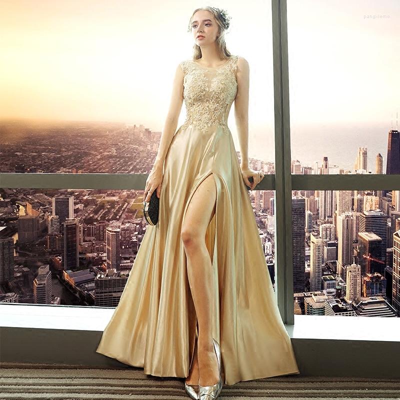 

Ethnic Clothing Golden Maxi Host Celebrity Banquet Vestidos Mesh Crew Collar Perspective Women Cheongsam Fairy Embroidery Floral Dreamy