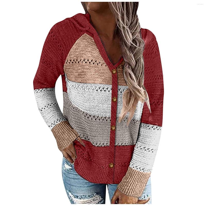 

Women' Blouses Fashion Women Striped Color Block Long Sleeve Knitted Cardigan Hooded Sweater Shirt Coat Top Mujer Ladies, Red
