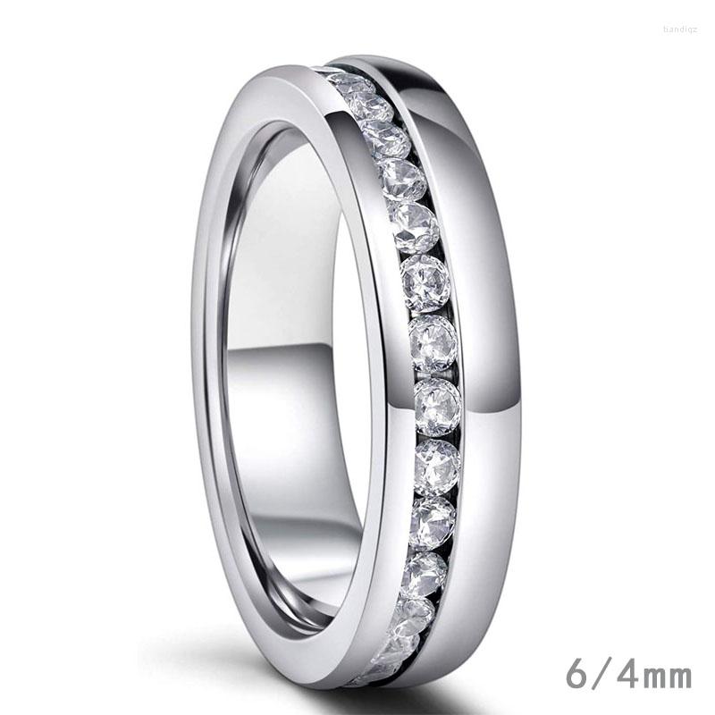 

Wedding Rings Kolmnsta 6/4mm Stainless Steel Women Men's Channel Set Cubic Zirconia CZ Silver Engagement Eternity Ring