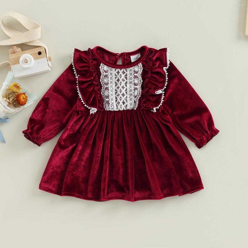 

Girl Dresses Baby Girls Spring Autumn A-line Dress Long Sleeve Round Neck Ruffle Lace Trim Pleated, Red