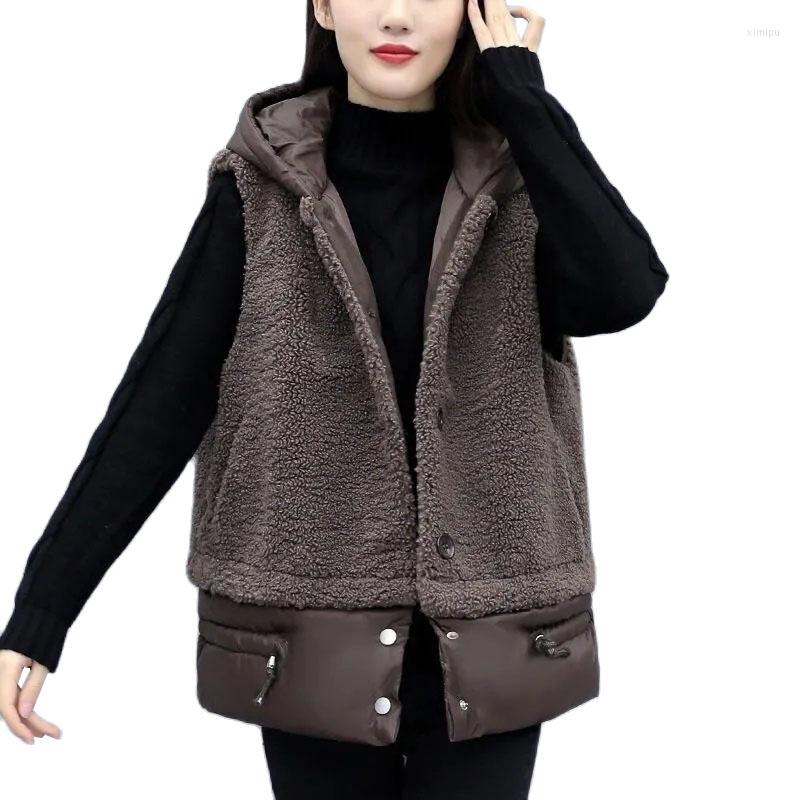 

Women's Vests 2023 Faux Lamb Wool Vest Women Autumn Winter Short Cotton Padded Waistcoat Hooded Sleeveless All-match Jacket Female, Brown