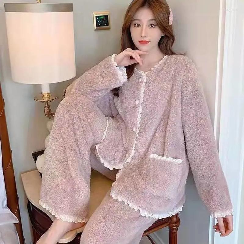 

Women's Sleepwear Autumn Winter Coral Fleece Pajamas Thickened Women's Lace Homewear Suit Outerwear Female Casual Coat Trousers Two, Lavender