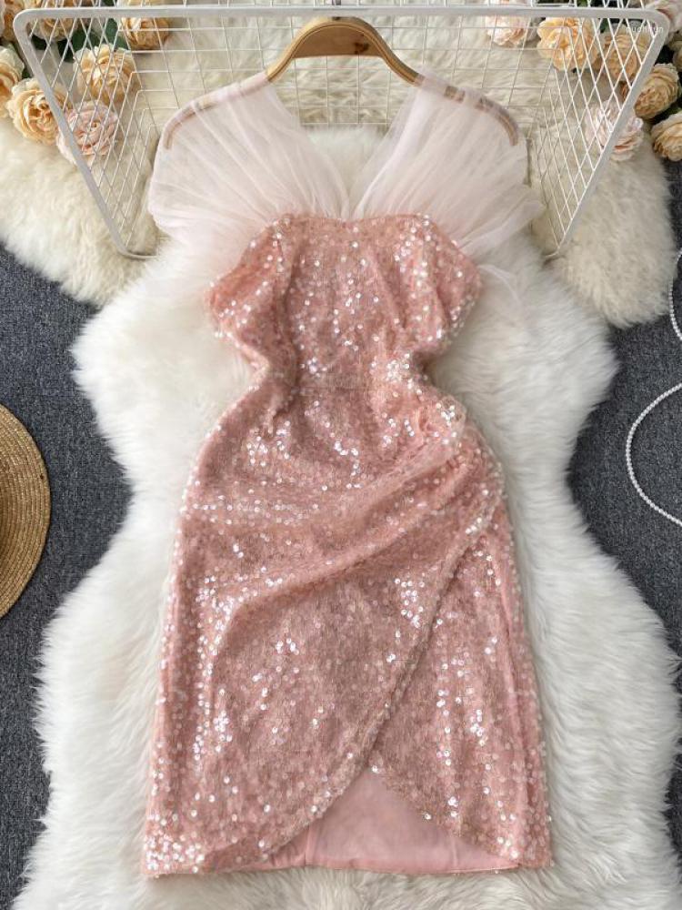 

Casual Dresses Ins Party Sequined Dress Women Vestido Sexy High Waist Elegant V-neck Slim Hip Mesh Splicing Night Pink Bodycon