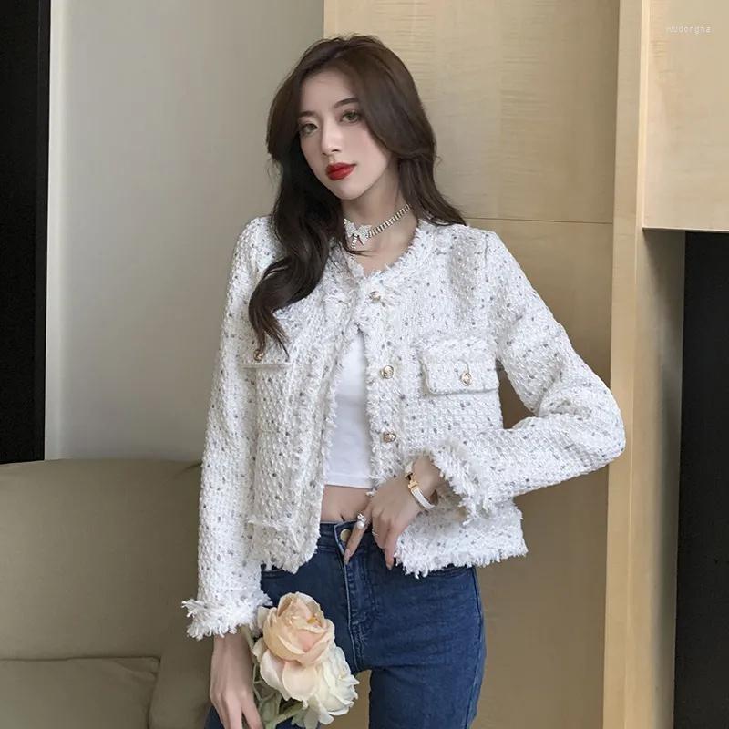 

Women' Wool 2023 Autumn Tweed Jackets Women O-Neck Short Long Sleeve Loose Tassel Blends Woolen Coat Female Casual All-match Top, White
