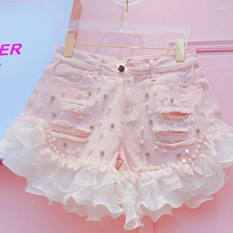 

Women' Shorts Beaded Hole Denim Women Sweet Style High Waist Ruffles Patchwork Wide Leg Solid Elegant Female Clothing Top Quality, Pink