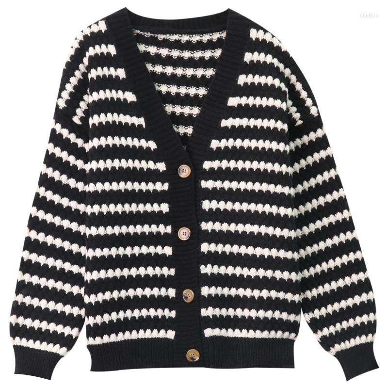 

Women's Knits Winter Stripe Cardigan Sweaters Women With Buttons Oversize Jacket Loose Thick Warm V Neck Knitted For 2023, Black