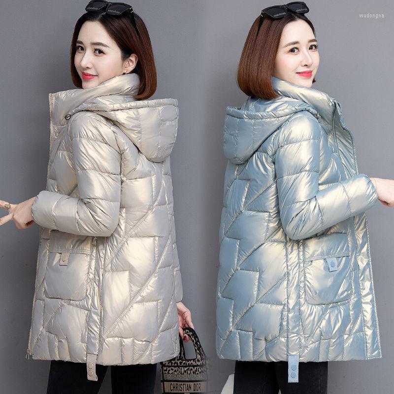 

Women's Trench Coats 2023 Glossy Down Cotton Jacket Women Winter Loose Mid-length Hooded Warm Thicken Outwear Casual Female Parkas Overcoat, Light blue