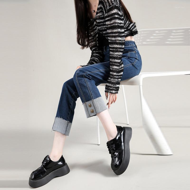 

Women's Jeans Ankle Length Pants Women Straight Trousers Denim Blue Mid Waist Female Boyfriend For Autumn Spring