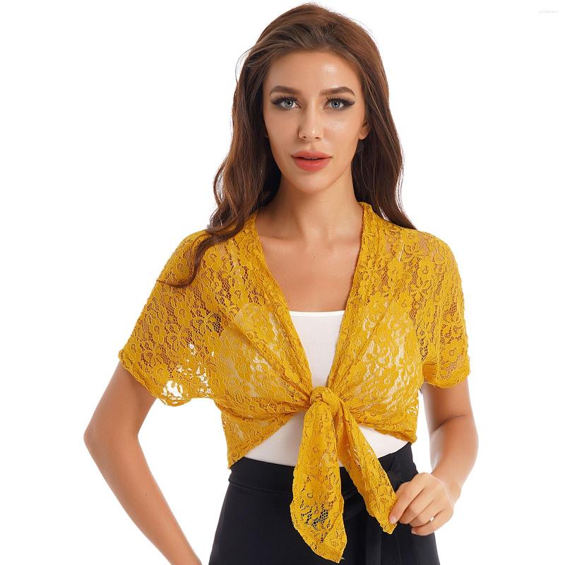 

Women's T Shirts 2023 Womens Fashion Hollow Out Lace Cardigan Bolero Jacket Short Sleeve Lace-up Crop Top Thin Solid Color Cover Ups Summer, Yellow