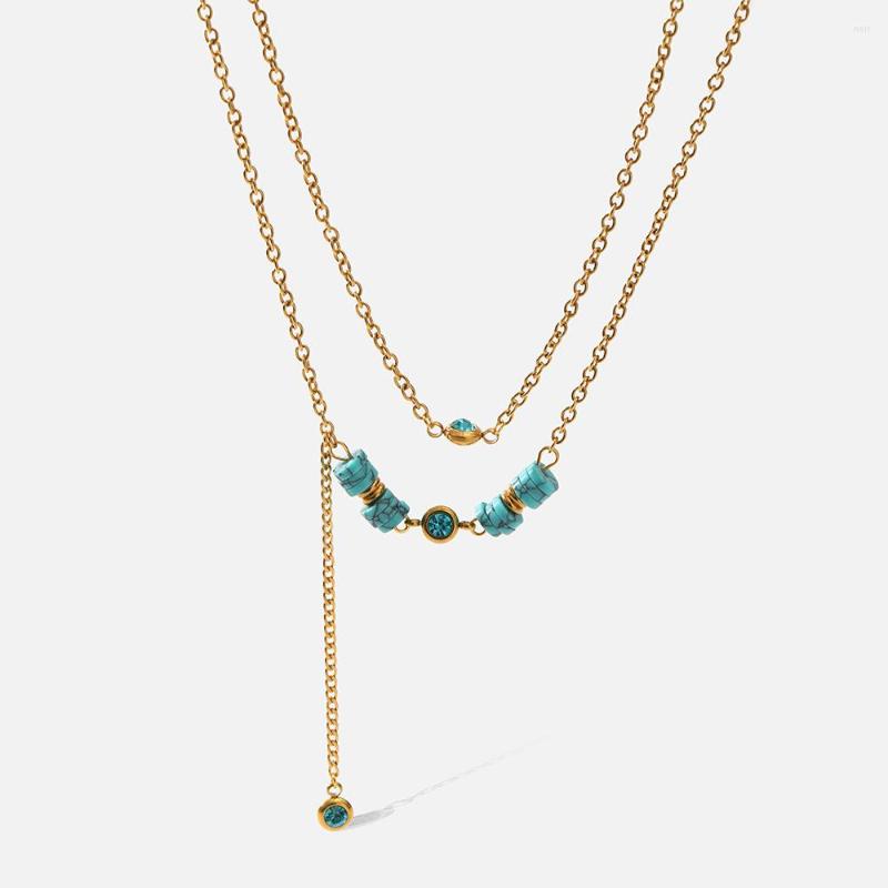 

Pendant Necklaces Turquoise Double Layer Chain Necklace Stainless Steel Gold Collar Cubic Zirconia For Women Wedding Party Gift