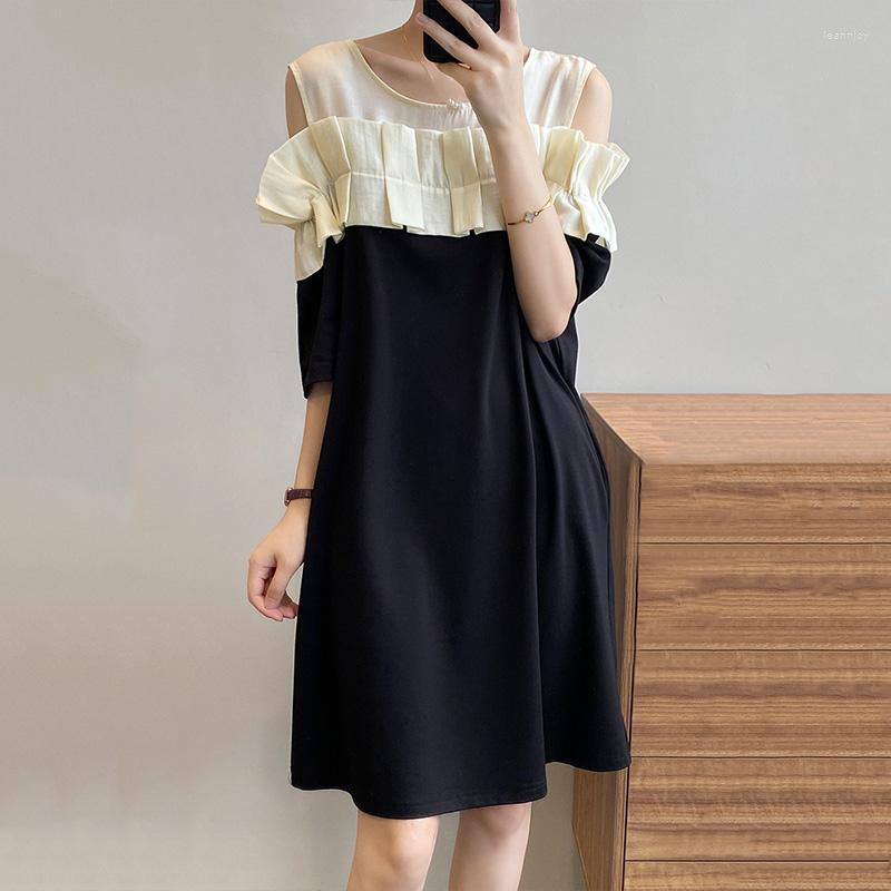 

Party Dresses 2023 Summer Women's Dress Contrast Color Black White Stitching Off The Shoulder Sleeves Fashion Loose Waist Thin Female