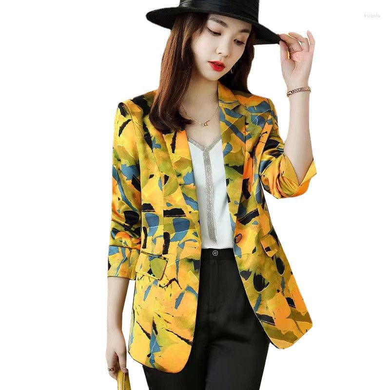 

Women' Suits Spring Autumn Women Blazer 2023 Blazers Lady Yellow Printed All-match Casual Slim Vintage Office Work Suit Jackets Femme