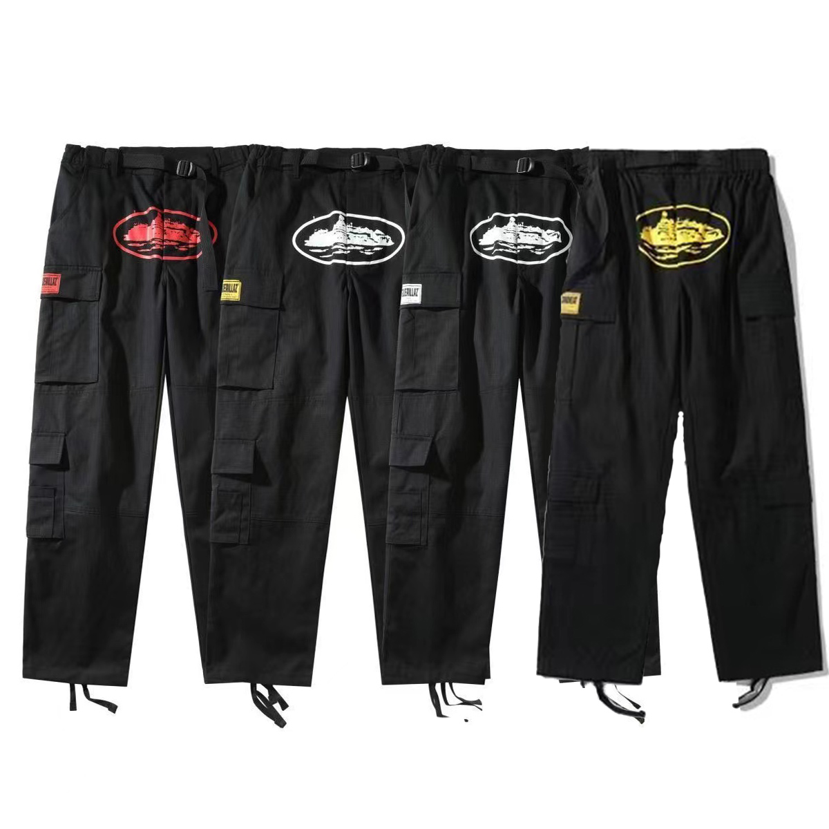 

Corteiz designer American multi-pocket cruise printed overalls Mens and Womens fashion street loose straight casual pants, Orange