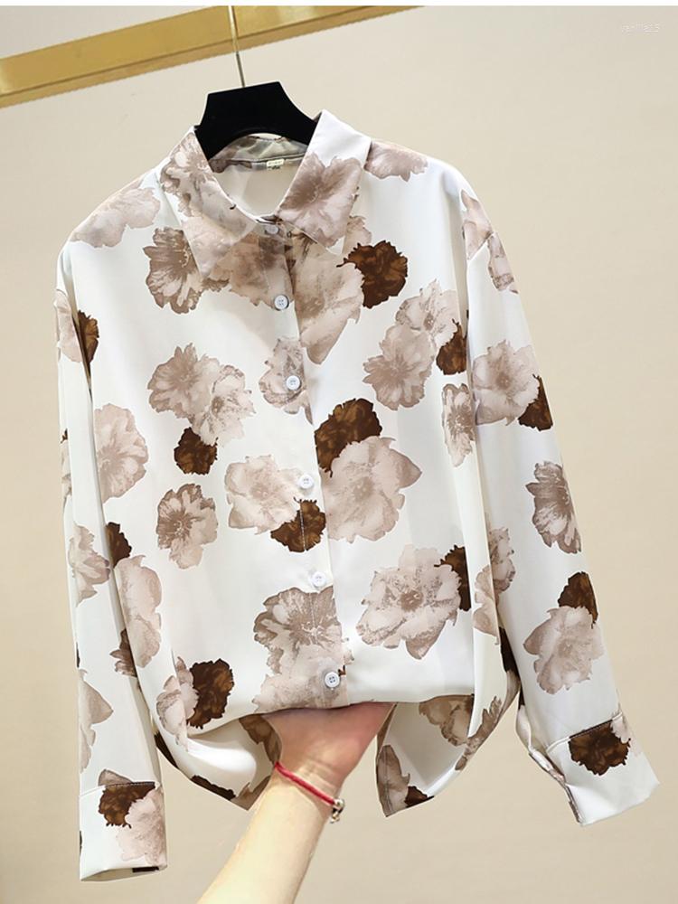 

Women's Blouses Spring Autumn Retro Blouse Female Lapel Long-sleeved Loose Casual Blusa Fashion Printed Chiffon Shirt LH461, Khaki