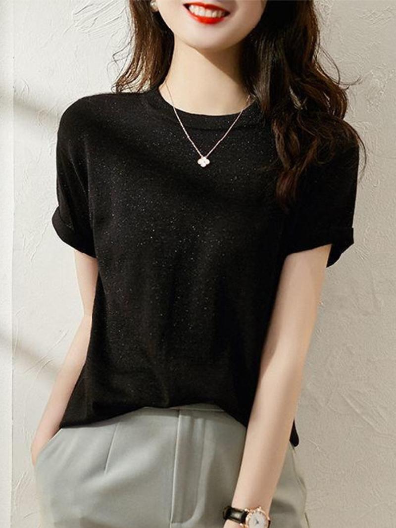 

Women's T Shirts Summer Women Knits Round Neck Solid Color Short Sleeve Pullover Slim Elegant Chic Leisure For Ladies TrendWomen's, Black