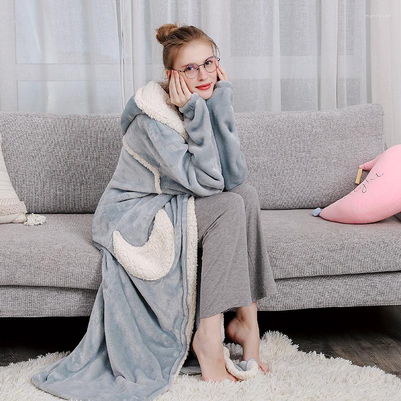 

Women's Sleepwear Women Men Winter Long Warm Thick Flannel Coral Fleece Bathrobe Star Moon Bath Robe Pink Hooded Night Wear Dress Gown, Blue star