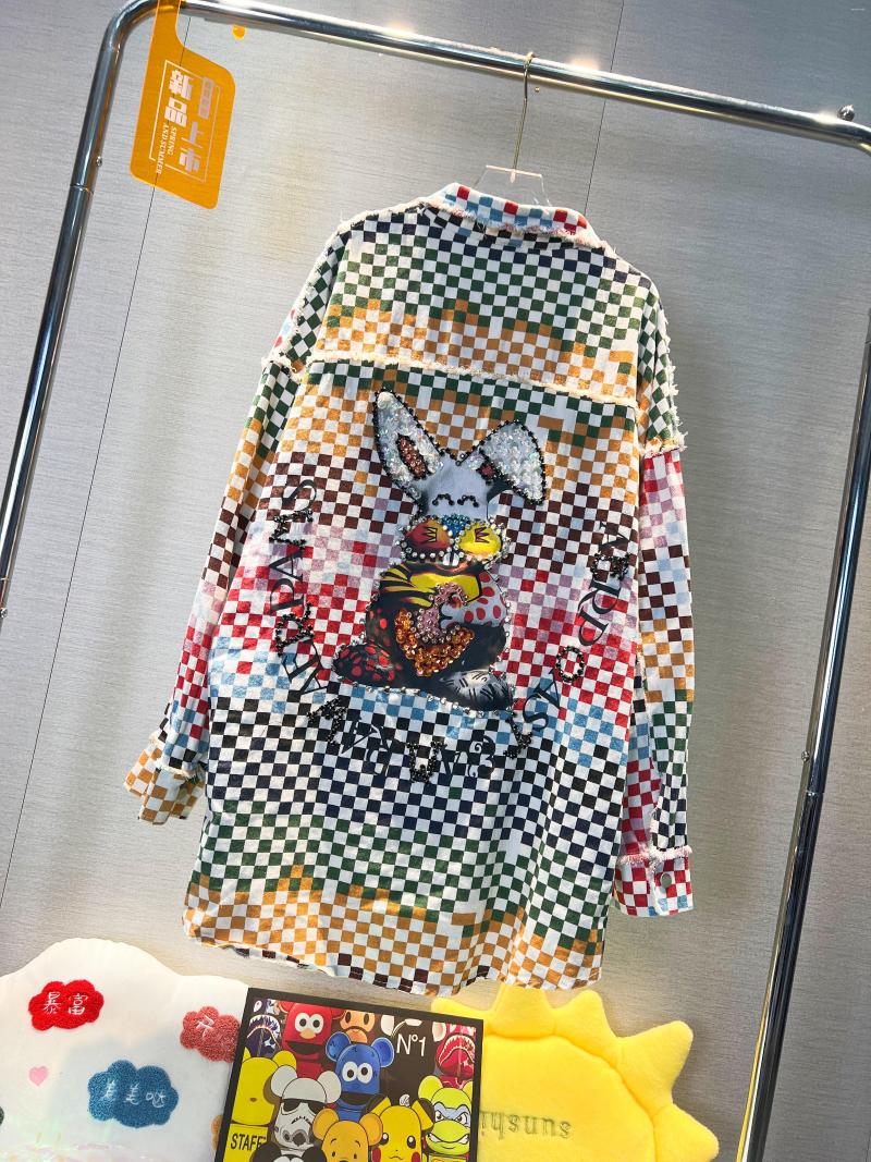 

Women's Blouses Trendy Women Plaid Denim Shirts 2023 Fashion Sequins Diamond Cartoon Printed Loose Mid-length Casual Jacket Autumn