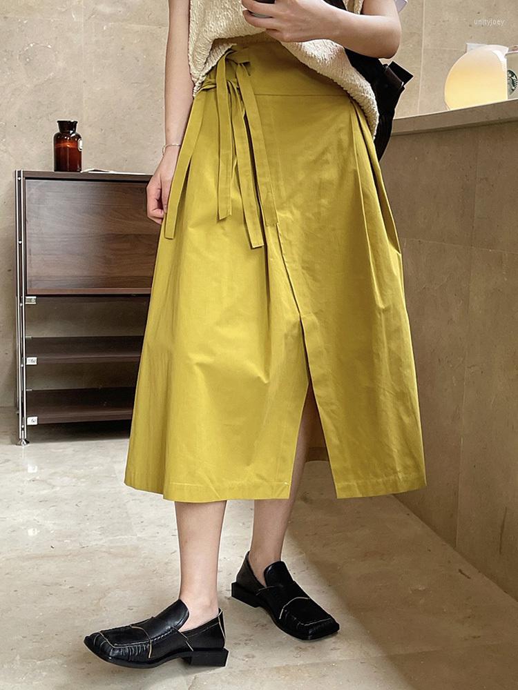 

Skirts High Waist Yellow Split Asymmetric Bandage Long Casual Half-body Skirt Women Fashion Tide Spring Autumn 2023 M367, Green yellow