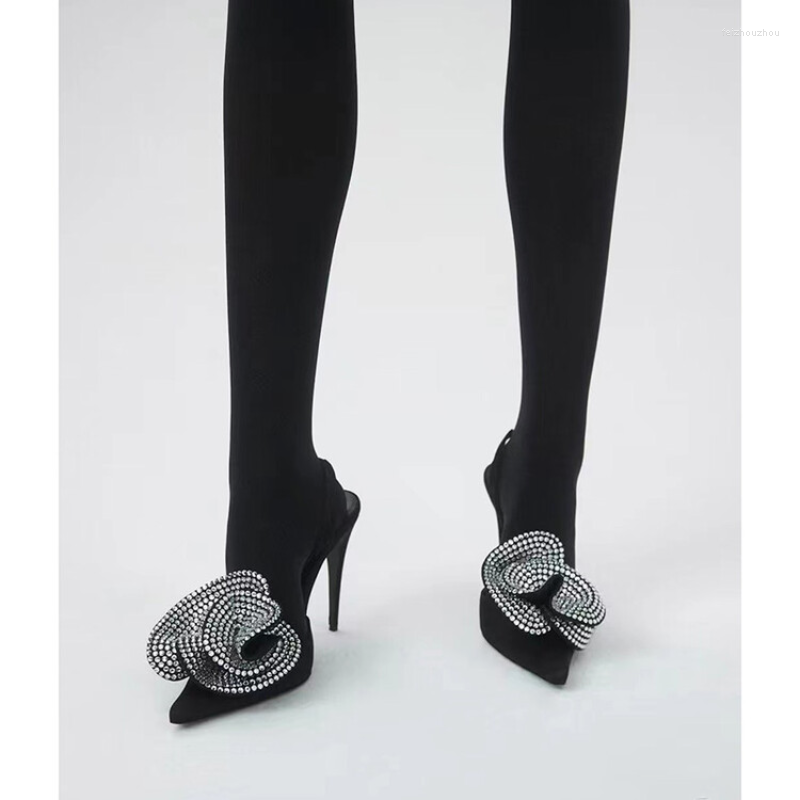 

Sandals 2023 Rhinestone Flower Pointed Satin Open-toe Cowhide Wrapped Round Head 8.5cm Slim Heel Banquet Size 34-45, W7831-1-black