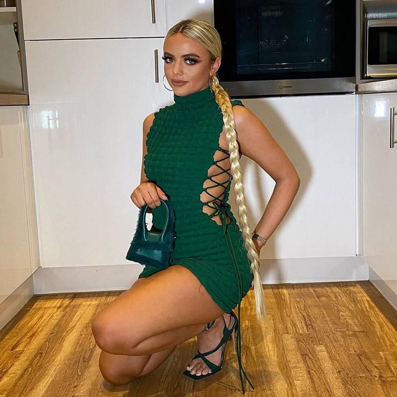 

Casual Dresses Sexy Solid Mock Neck Sleeveless Draw String Party Clubwear Stunning Stacked Mini Dress Women Elegant Female Skirt, Black