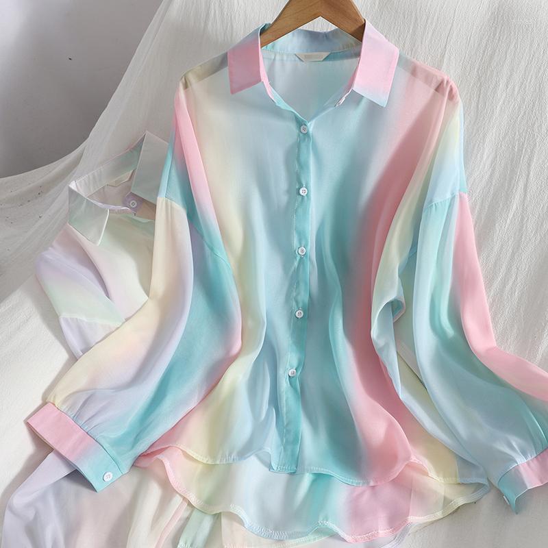 

Women's Blouses Vintage Mid-length Slim Chiffon Shirt Sweet Rainbow-colored Button-down Tops Women Summer Gentle Sunscreen Fashion, Print-1