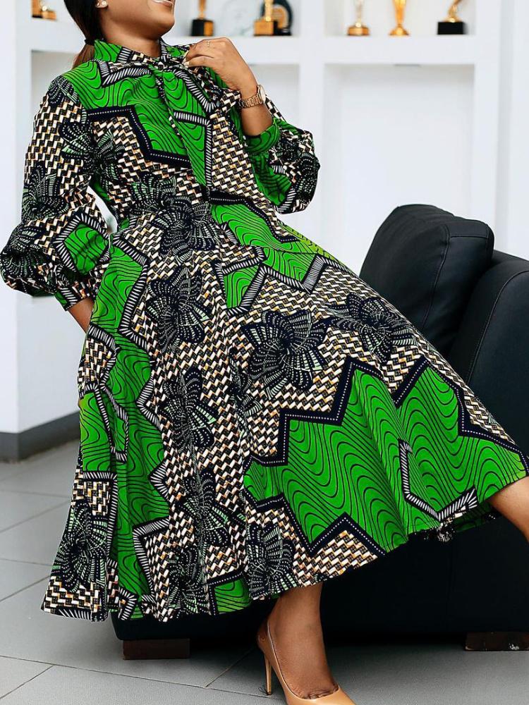 

Casual Dresses Elegant Women Long Dress Puff Sleeve Bowtie Green Printed Vintage Classy Lady Birthday Vacation Outfits 2023 Fall Fashion