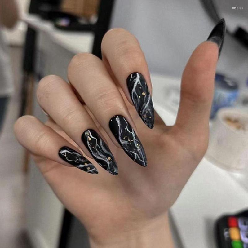 

False Nails 24pcs Nail Tips Marbling Glitter Press On Black White Long Tip French Fake, Cjcy-89