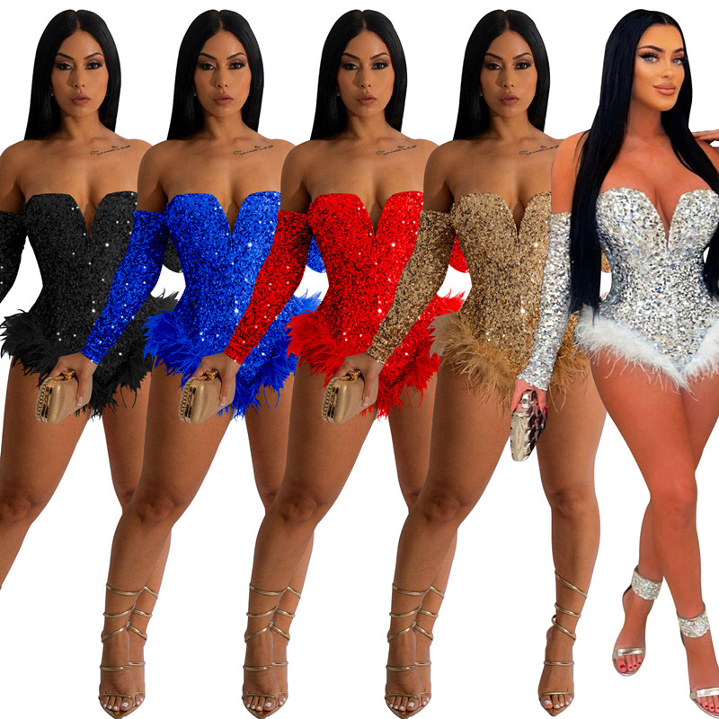

Womens Jumpsuits Rompers Latin Dance Dresses Long sleeved Sexy Dress Woman Night Club Skirt Shorts 2023 Summer Beads Feather Skinny Bodysuit, Red sexy dresses