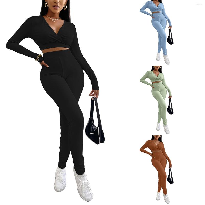 

Active Sets Hirigin Fashion Women Close-fitting Two-piece Clothes Set Solid Color Long Sleeve Surplice Neckline Crop Tops And Leggings