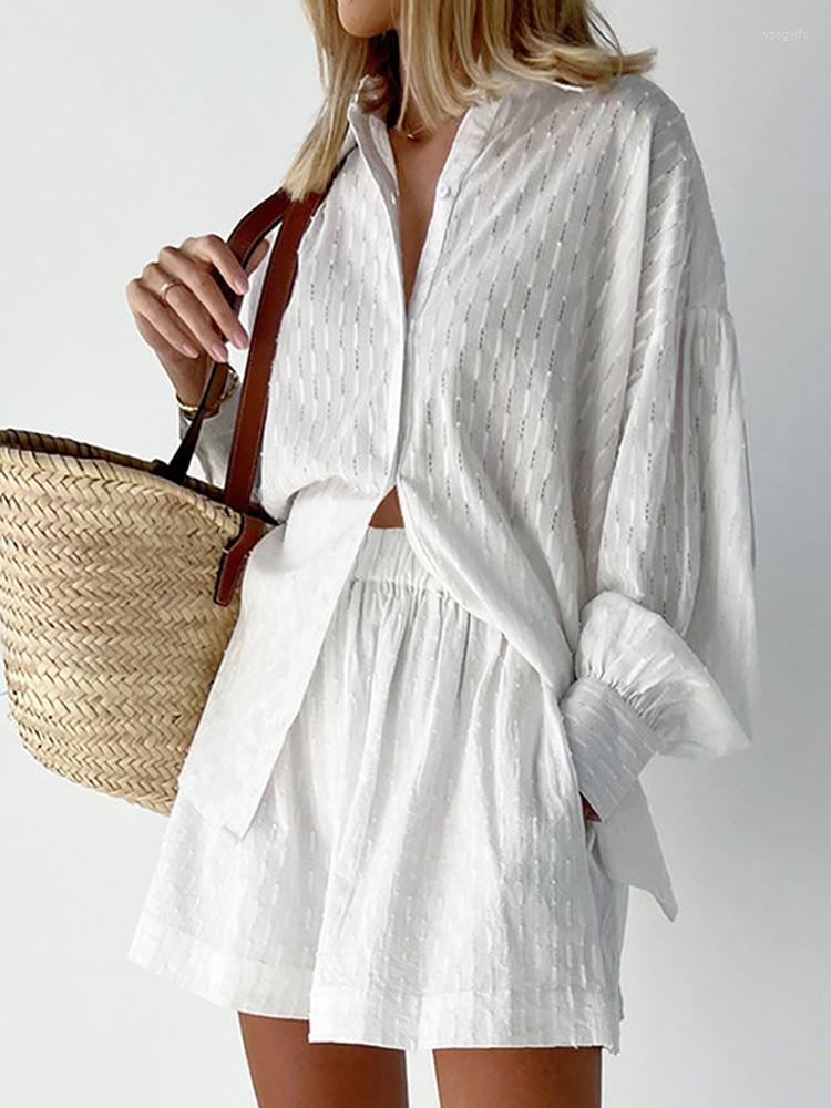 

Women' Tracksuits White Elegant Jacquard Fabric Soft Loose Suit Women Long Sleeve Shirts Short Pants Two Pieces Set Summer Casual Lady