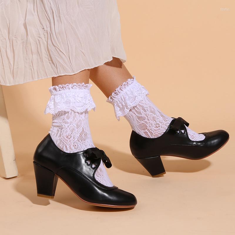 

Dress Shoes ZOOKERLIN Black Round Toe Lace Up Mary Jane Women's Sandals PU Leather Thick High Heels Spring Hollow Women Pumps