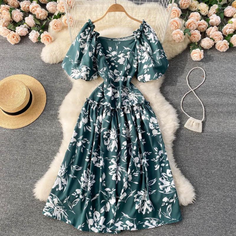 

Party Dresses ZCWXM Beach Floral Dress Women 2023 Spring Puff Sleeve Slim Mid-Calf Fit Chiffon Square Collar Printed Green/Pink/Yellow, Beige