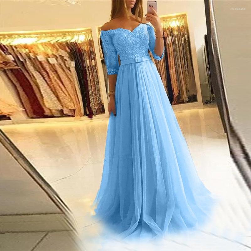 

Party Dresses 2023 Winter Long Sleeve Lace Gauze Skirt Pink Midwaist Wedding Bridesmaid Ball Dress Boat Neck Prom Gowns Quinceanera Robes, Blue