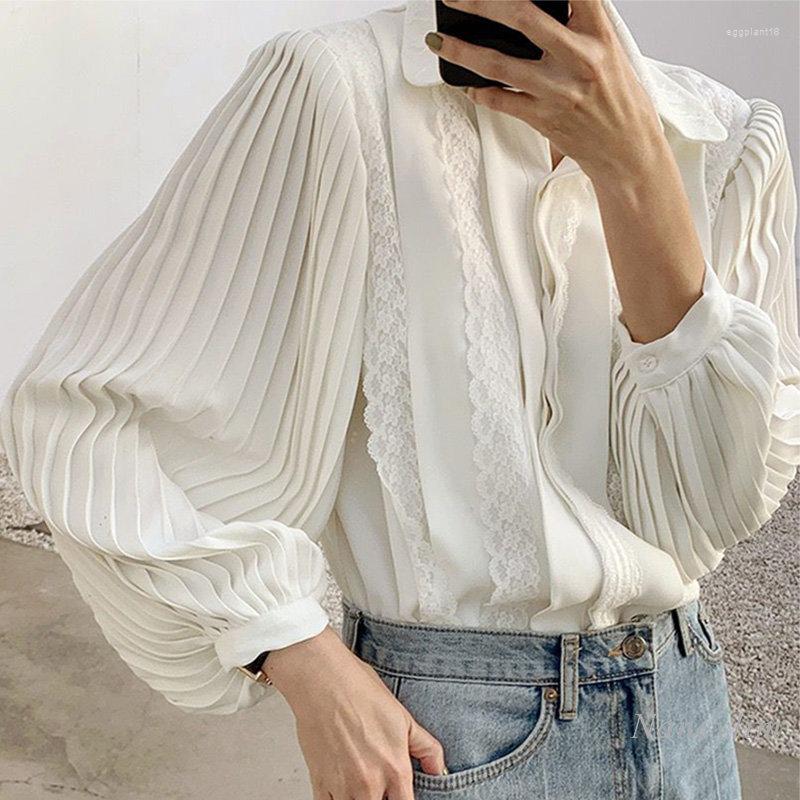 

Women's Blouses Korean Chic Long Sleeve Blouse For WomenTemperament Lapel Lace Stitching Single-Breasted Loose Pleated Lantern Shirt Top, Creamy-white