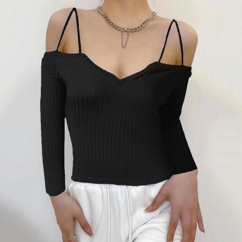 

Women's Blouses Y2k Long Sleeve T-shirt Women Sexy Shoulder Off Korean Fashion Tee Shirt Femme Slim V-neck Tshirt Club Fall Clothes Knitwear, Blue